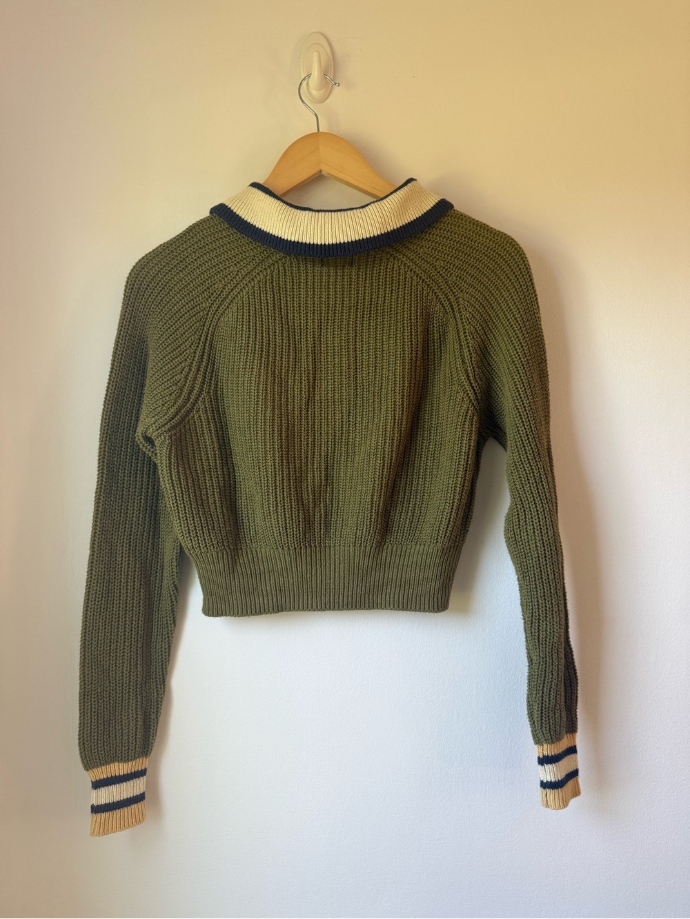 BDG Olive Green Knit Polo Cardigan with Cream & Navy Trim - Picture 5 of 5
